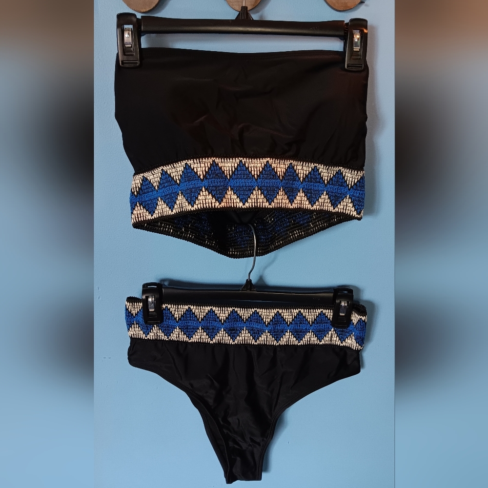 Strapless Bikini w/ High Cut Bottoms - Black/Blue - Size Large
